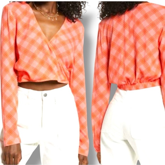 BP Vibrant Coral/Pink/Orange Plaid Long Sleeve V Neck Cropped Wrap Blouse - Picture 1 of 16